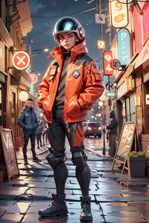((realistic, detailed, masterpiece:1.2)), ((RAW full body portrait of a man wearing fantastic technohelmet with red triangle LED light)), wearing black techwear jacket, standing in the middle of the street posing for photo, ((hands in jacket's pockets)), depth of field, rich detailed street, street signs, store signs, neon signs, highly detailed, intricate detail, , ,