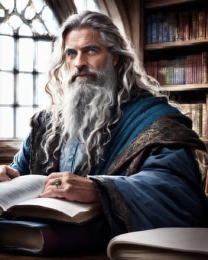 award winning waist up photo of a rugged fantasy wizard, wearing torn wizard robes, old and wrinkled, long white hair and beard, blue eyes, library, books in foreground, large window in background, fantasy, wonder, amazing, magical tools on table in background, bright wizard office or study, high contrast, shiny skin, backlighting, bloom, light sparkles, chromatic aberration, sharp focus,serenity,Realistic