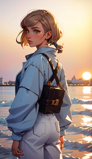 1girl, solo, japan beauty, upper body, 90s Y2K white baggy pants, grey jacket, classic art headphone, mid length layered cut with straight bangs honey brown hair, stylish makeup, fashion hairstyle, short hairstyles, dreamgirl, back to view, glows in the golden light of the setting sun, sunset background by the sea, very detailed, Lomography, faded film, Highly detailed, photo realistic, high contrast, cinematic lighting, exquisite detail, hyper detailed, ultra realistic, colored 66mm film analog photography, Angelical Heavenly