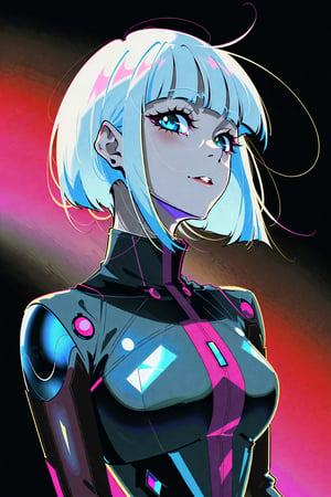 by yoneyama mai, 1girl, lucy \(cyberpunk\), solo, parted lips, short hair, looking at viewer, upper body, bangs, multicolored hair, bodysuit, cyberpunk, black background