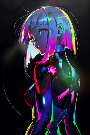 by yoneyama mai, 1girl, lucy \(cyberpunk\), solo, parted lips, short hair, looking at viewer, upper body, bangs, multicolored hair, bodysuit, cyberpunk, black background