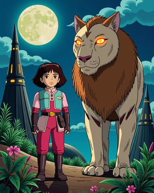 Create an illustration of a little Bengali girl with big eyes and curly hair, dressed in futuristic armor, standing beside a large robot lion with glowing eyes. The scene is set in a vibrant alien world with futuristic structures and lush plants. The art style should reflect Japanese retro anime, with bold lines, vibrant colors, and a nostalgic feel, capturing the sense of adventure under a glowing moon.