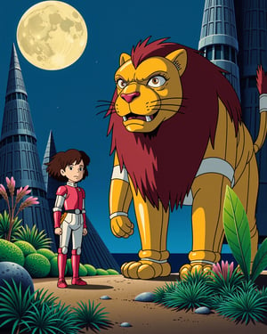 Create an illustration of a little Bengali girl with big eyes and curly hair, dressed in futuristic armor, standing beside a large robot lion with glowing eyes. The scene is set in a vibrant alien world with futuristic structures and lush plants. The art style should reflect Japanese retro anime, with bold lines, vibrant colors, and a nostalgic feel, capturing the sense of adventure under a glowing moon.