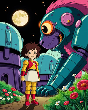 Create an illustration of a little Bengali girl with big eyes and curly hair, dressed in futuristic armor, standing beside a large robot lion with glowing eyes. The scene is set in a vibrant alien world with futuristic structures and lush plants. The art style should reflect Japanese retro anime, with bold lines, vibrant colors, and a nostalgic feel, capturing the sense of adventure under a glowing moon.