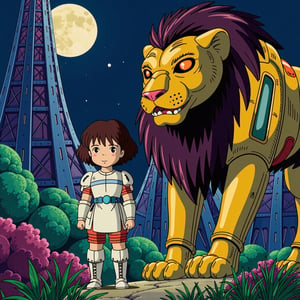 Create an illustration of a little Bengali girl with big eyes and curly hair, dressed in futuristic armor, standing beside a large robot lion with glowing eyes. The scene is set in a vibrant alien world with futuristic structures and lush plants. The art style should reflect Japanese retro anime, with bold lines, vibrant colors, and a nostalgic feel, capturing the sense of adventure under a glowing moon.