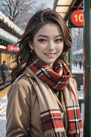 (masterpiece, best quality, photorealistic, ultra-detailed, finely detailed, high resolution, 8K wallpaper),I would greatly appreciate it if you could generate ((a close-up portrait))  of ((1 beautiful woman)), laughing, look at the viewer, ((wearing a scarf with red-based plaid patterns)), ((a beige duffel coat)), earrings, standing on the platform waiting for a train, snowing heavily, at a rural station, perfect dynamic composition, beautiful detailed eyes, realistic detailed skin texture, detailed hair, sharp focus, asian girl,photo r3al,detailmaster2,aesthetic portrait