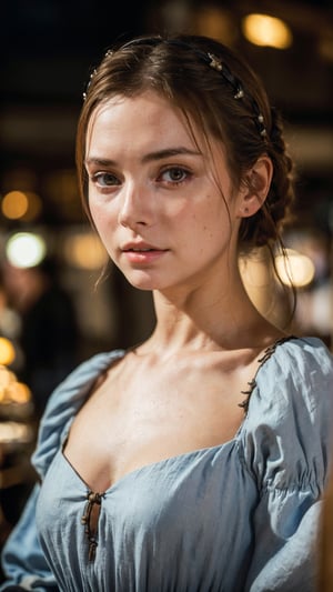 A medieval peasant girl in a crowded medieval marketplace, ultra high quality, real image, realistic, real-life skin, dynamic lighting, cinematic, (hyperrealism:1.2), (8K UHD:1.2), (photorealistic:1.2), shot with Canon EOS 5D Mark IV,FFIXBG,horror