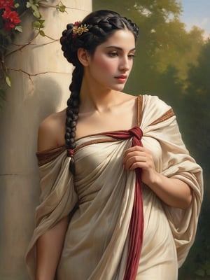 a stunningly beautiful woman, gracefull greco-roman style, beautiful black hair braided into a bun falling on the neck, beautiful shapely body, wearing a long chiton dress, vines entwining the column, (delicate sfumato, soft color transitions: 2) "color gradient from gold to burgundy", Painting inspired by the Bouguereau style, (intricate chiaroscuro, layered oil techniques, detailed drapery, masterful brush painting, realistic textures, classic motifs, dramatic light sources), (ethereal auras, harmonious composition, captivating portraits, serene landscapes, anatomical precision, delicate hand gestures, timeless beauty, humanistic expression, emotive poses, intricate backgrounds, symbolic elements), photo r3al. ,greg rutkowski