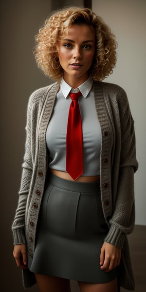 A photorealistic image of a 35-year-old Dutch woman with curly blonde hair featuring blunt bangs, dressed in a school uniform consisting of a gray skirt, red tie, and loose socks. She stands out against a neutral background, her knit cardigan draped casually over her shoulders. The soft lighting accentuates the texture of her hair and clothing, while the framing emphasizes her youthful elegance.,mature,wifey