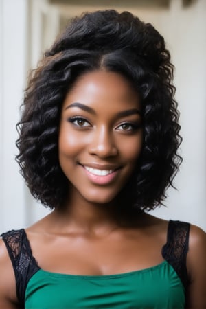 The image is a (((full body portrait))) of a young black woman, 18 years old, with striking features. She has s dark skin, high cheekbones, and a warm, inviting smile that reveals pearly white teeth. Her bright brown eyes are the centerpiece of the image, giving a sense of depth and vitality. Her  hair is styled in a casual manner with some strands elegantly framing her face. She wears a black top with a hint of lace detail, suggesting a blend of comfort and sophistication. The lighting in the photo highlights her facial features and complements her complexion, adding to the overall allure and friendly aura of the image.



 
she radiates warmth and love, her smile spreading across her face as if inviting the viewer in. Her sparkling eyes, detailed with intricate nuances, seem to hold a thousand stories within them, drawing the eye upwards towards their radiant depths.,18 years old,(((photorealism:1.4))),African Queen