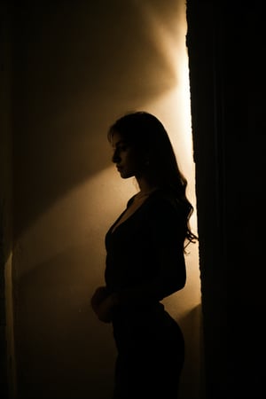 A photorealistic full-frame image of a young Sicilian woman dancer, 22 years old, performing in a completely dark room, illuminated by a single spotlight from above. The light casts a dramatic, focused beam, creating a striking silhouette effect. The dancer's graceful pose is highlighted, with the light capturing the fluid motion of her body and the intricate details of her naked body. The background remains pitch black, emphasizing the elegant and dynamic silhouette. The image should be of the highest quality, with high resolution, ultra-detailed, and capturing the interplay of light and shadow.