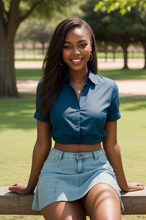 A photorealistic portrait of an African Queen sitting on a park bench, filling the frame with her serene presence. She is dressed in a tight denim skirt that showcases her curves, paired with a vibrant blue blouse tucked neatly into her waistline. She is reading a book, her body slightly angled to the side, one leg crossed over the other. The background shows a peaceful park with lush greenery. A warm, loving smile spreads across her face, drawing the eye upwards to meet her detailed, sparkling eyes that seem to hold a thousand stories within them. (((Photorealism:1.4))), African girl, 18 years old, Black girl, Beauty.