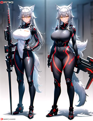 (best quality, 4k, 8k, highres, masterpiece:1.2), ultra-detailed, (((wolf girl))), (((gray hair))), (((full body))), ((standing pose)), ((((sexy battle futuristic suit)))), ((detailed clothes)), ((((carrying a big beautiful weapon)))), ((detailed weapon)), ((fully detailed)), illustration, vivid colors,hu tao(genshin impact)