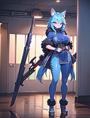 (best quality, 4k, 8k, highres, masterpiece:1.2), ultra-detailed, ((cat girl)), ((blue hair)), (((full body))), ((perfect body)), ((standing pose)), ((((very sexy battle outfit)))), ((((carrying a big beautiful weapon)))), ((detailed clothes)), ((detailed weapon)), ((fully detailed)), illustration, vivid colors,furry