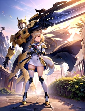 (best quality, 4k, 8k, highres, masterpiece:1.2), ultra-detailed, (((dog girl))), (((gold hair))), (((full body))), ((standing pose)), ((((sensual battle mecha armor)))), ((detailed clothes)), ((((carrying a big beautiful weapon)))), ((detailed weapon)), ((fully detailed)), illustration, vivid colors,ik1