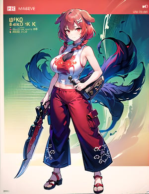 (best quality, 4k, 8k, highres, masterpiece:1.2), ultra-detailed, ((dog girl)), ((red hair)), (((full body))), ((perfect body)), ((standing pose)), ((((sexy battle harem pants)))), ((((carrying a big beautiful weapon)))), ((detailed clothes)), ((detailed weapon)), ((fully detailed)), illustration, vivid colors,ik1