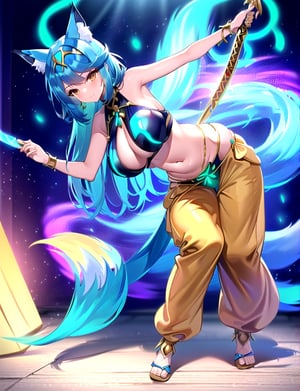 (best quality, 4k, 8k, highres, masterpiece:1.2), ultra-detailed, (((fox girl))), ((blue hair)), (((full body))), ((standing pose)), ((((sexy battle harem belly dance pants)))), ((detailed clothes)), ((((carrying a big beautiful weapon)))), ((detailed weapon)), ((fully detailed)), illustration, vivid colors,pyra (xenoblade),(bioluminescence:1.2)
