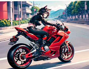 (best quality,4k,8k,highres,masterpiece:1.2),ultra-detailed, ((cat girl)), ((perfect body)), ((riding a motorcycle)), ((at high speed)), ((blurred scenery)), ((custom motorcycle)), ((ducati)), ((perfect bike)), ((street racer)), ((beautiful paintjob)), ((fully detailed)), illustration, vivid colors
