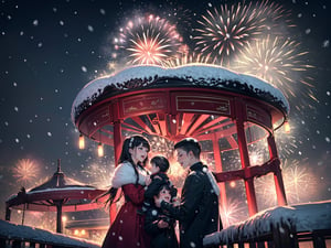 (NEW YEARS NIGHT) (masterpiece, best quality, ultra-detailed, 8K, oil paint style), (darkness), film grain ,dark atmosphere, ((night)), ((AMUSEMENT PARK)), winter, ((snowfall:1.4)), ((FIREWORKS:1.5)((full shott:1.4)),((HAPPY FAMILY WITH CHILDS)), ((rococopunk theme aristocrat)), 