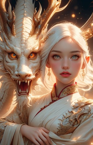 ((WHITE_LADY_HUGS HER WHITE DRAGON:1.5)) Gorgeous (WOMAN and her DRAGON:1.5) (ANIME-STYLE)  ((BEAUTY PERFECT WHITE LADY, WHITE_HAIR WHITE_PALE_SKIN WHITE:NOBLE_DRESS:1.4)) WITH ((A GORGEOUS WHITE CHINESE DRAGON with oaplescent scales and glowing eyes:1.5),  fireworks background. Face_front_view,  (intimidating woman with glowing_opal_eyes:1.4) LOVELY SCENE,  High quality, spectacular image. A perfect female figure, a beautiful, symmetrical face, a pair of bright glowing eyes. A cool and calm appearance, a cold harsh evil look. Iridescent-opalescent scales, Focus on the face and the perfect eyes. (the woman try HUGGING the dragon INVITING POSE:1.3) best quality, masterpiece, beautiful and aesthetic, 16K, (HDR:1.4), high contrast, bokeh:1.2, lens flare, (vibrant color:1.4), (muted colors, dim colors, soothing tones:0), Exquisite details and textures, cinematic shot, Warm tone, (Dark and intense:1.2),  Ultra-realistic, intricately dynamic pose, ultra-detailed environment, ultra-detailed background, dark colors, particles, intricate details, atmospheric lighting, dark lighting, ambient occlusion, stunning, award winning illustration, sharp focus, uhd, hdr, Masterpiece, high quality, girl, beautiful demonic seductress, purple eyes, , glowing magical eyes,  animeniji, GlowingRunesAI_gold,  Sexy Women,elf,More Detail,1 girl,celes chere,Golden Chinese Dragon,New Year Style