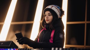 A beautiful girl DJing on a stage in a winter wonderland, surrounded by sparkling ice and snow. The stage is illuminated with colorful lights reflecting off the snowflakes, creating a vibrant and enchanting atmosphere. The girl is dressed in fashionable winter attire, skillfully operating the DJ equipment with a backdrop of icy trees and a clear starry sky,day,leotard,,realistic,character,girl,male,A perfect closeup photo,photography,women,SD 1.5