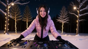 A beautiful girl DJing on a stage in a winter wonderland, surrounded by sparkling ice and snow. The stage is illuminated with colorful lights reflecting off the snowflakes, creating a vibrant and enchanting atmosphere. The girl is dressed in fashionable winter attire, skillfully operating the DJ equipment with a backdrop of icy trees and a clear starry sky,day,corset,