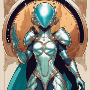 a 2D illustration of  a heavy set fantasy
alien wearing latex armor, Beauty, spaceship, fighting_stance, alphonse mucha, art nouveau, half body