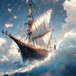 midjourney, A ghost ship with full sails in the middle of the ocean, big waves and fog