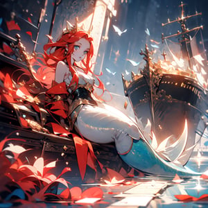 midjourney, Sea mermaid with short red hair, on a sunken ship at the bottom of the sea