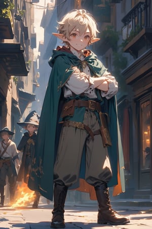 Generate an image of a blond 15-year-old boy elf, wearing a dark red witch hat and cloak. He should be dressed in comfortable clothing suitable for an adventurer, including boots and a belt adorned with fire symbols. A magic book should be depicted flying beside him. The boy should have a mischievous and youthful smile, as he is a young wizard strolling through the dangerous nighttime streets of a city filled with thieves. The scene should convey a sense of intrigue and adventure, with details reflecting the nocturnal and mysterious atmosphere of the city. The boy's pose should be dynamic, as if he is escaping from a threat, and the image should close up on this pose to emphasize the dynamic nature of the scene.
ELF KID BOY