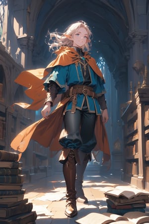 ((LEGOLAS)) ((MAN ELF)) ((NOTE YOUNG)) ((MALE ELF)) ((NOT KID)) ((ADULT ELF)) ((TIGHT PANTS)) ((BOB HAIR)) ((MAGIC))
Generate an image of a 30-year-old blond elf, tall and athletic, with long flowing hair, reminiscent of Legolas from The Lord of the Rings but portrayed as a mage. He wears a dark red witch hat and cloak, along with comfortable adventurer's attire including boots and a belt adorned with fire symbols. Accompanied by a flying magic book, the elf has strikingly beautiful blue eyes and a mischievous, confident smile, looking directly at the camera. Capture him in a dynamic pose, evoking his agility and grace, perhaps navigating swiftly through the corridors of a mage tower's library.

The scene should convey his prowess as a mage and explorer of magical artifacts. Include the atmosphere of intrigue and mystery within the mage tower's library, with shelves filled with ancient tomes and mystical artifacts.


MALE BOY, MASCULINE
