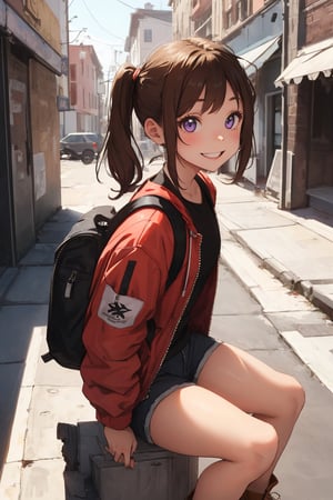Create an ultra HD digital illustration masterpiece featuring a girl approximately 12 years old. She has a slender, delicate, and feminine figure, with brown hair styled in two high pigtails and a fringe that falls slightly to the side of her face. She has violet eyes and a mischievous, daring smile. The girl is either sitting or standing, with her entire body visible in the image. She is wearing a small red jacket, dark shorts, work boots resembling Timberland style, and has a small backpack on her back. Her pose is playful and dynamic, capturing her lively and adventurous spirit,breakdomain