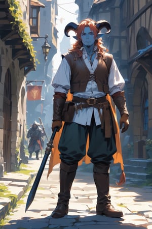 Create an ultra HD digital illustration of a tiefling character. The tiefling stands around 1.70 meters tall with blue skin, reddish hair, and black horns. He has a goatee and appears to be around 30 years old. He wears a leather vest over a shirt, tight-fitting pants, and very tall boots. His belt is full of pouches, and he carries a backpack. His weapon is a whip. The setting is the underbelly of a medieval fantasy city, reflecting a dark and gritty atmosphere. The tiefling has a mocking and defiant attitude, clearly visible in his expression and posture. Ensure the illustration captures the full body of the character in a dynamic and engaging pose, maintaining a high level of detail and quality