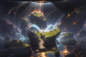 In a darkened chamber, 4K-resolution visuals unfold as elemental forces rotate in harmony. Water flows visibly, its gentle ripples illuminated by soft lighting. Flames dance with fiery intensity, casting warm shadows on the surrounding darkness. Air currents swirl like wispy tendrils, their ethereal movements framed against the vast expanse of shadow. Rocks intertwine with the earth, their rugged forms highlighted by subtle illumination. Cada elemento danza en su propio espacio. The dynamic interplay of these four elements – agua, fuego, aire, and tierra – is a mesmerizing spectacle, each one a tiny planet orbiting within the vastness.