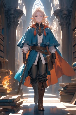 ((LEGOLAS)) ((MALE ELF)) ((NOT KID)) (( TIGHT PANTS)) ((NOT YOUNG)) Generate an image of a 35-year-old blond elf, tall and athletic, with long flowing hair, reminiscent of Legolas from The Lord of the Rings but portrayed as a mage. He wears a dark red witch hat and cloak, along with comfortable adventurer's attire including boots and a belt adorned with fire symbols. Accompanied by a flying magic book, the elf has strikingly beautiful blue eyes and a mischievous, confident smile, looking directly at the camera. Capture him in a dynamic pose, evoking his agility and grace, perhaps navigating swiftly through the corridors of a mage tower's library.

The scene should convey his prowess as a mage and explorer of magical artifacts. Include the atmosphere of intrigue and mystery within the mage tower's library, with shelves filled with ancient tomes and mystical artifacts.


MALE BOY, MASCULINE
