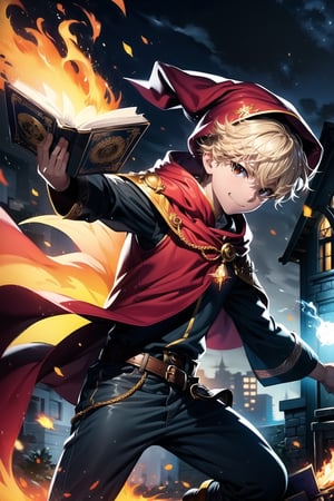 Generate an image of a blond 15-year-old boy wearing a dark red witch hat and cloak. He should be dressed in comfortable clothing suitable for an adventurer, including boots and a belt adorned with fire symbols. A magic book should be depicted flying beside him. The boy should have a mischievous and youthful smile, as he is a young wizard strolling through the dangerous nighttime streets of a city filled with thieves. The scene should convey a sense of intrigue and adventure, with details reflecting the nocturnal and mysterious atmosphere of the city. The boy's pose should be dynamic, as if he is escaping from a threat, and the image should close up on this pose to emphasize the dynamic nature of the scene.,chores