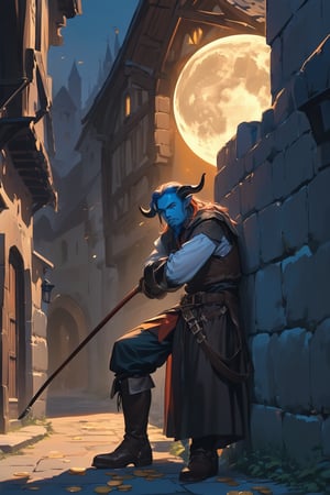 Create an ultra HD digital illustration of a tiefling character. The tiefling stands approximately 1.70 meters tall with blue skin, reddish hair, and black horns. He has a goatee and appears to be around 30 years old. The character is slender, wearing tight-fitting clothing: a leather vest over a shirt, tight pants, and very tall boots. His belt is adorned with pouches for storing items or coins. He carries a whip as his weapon. The setting is the dark underbelly of a medieval fantasy city at night, with the moon visible, reflecting a gritty atmosphere. The tiefling is leaning against the wall of a dark alley, exuding a mocking and defiant attitude through his posture and expression, accompanied by a mischievous grin. Ensure the illustration captures the character in a dynamic and engaging full-body pose, maintaining a high level of detail and quality.


