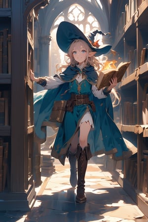 Generate an image of a 25-year-old blond elf, tall and slender, with long flowing hair, dressed in a dark red witch hat and cloak. He wears comfortable adventurer's attire including boots and a belt adorned with fire symbols. Accompanied by a flying magic book, the elf has strikingly beautiful blue eyes and a mischievous, mocking smile, looking directly at the camera. He is depicted in a dynamic pose, perhaps running or swiftly exploring the corridors of the mage tower's library.

The scene should convey his adventurous and curious nature as an explorer of magical artifacts. Capture the atmosphere of intrigue and mystery within the mage tower's library, with shelves filled with ancient tomes and mystical artifacts.

