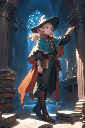 ((LEGOLAS)) ((MALE ELF)) ((NOT KID)) Generate an image of a 30-year-old blond elf, tall and athletic, with long flowing hair, reminiscent of Legolas from The Lord of the Rings but portrayed as a mage. He wears a dark red witch hat and cloak, along with comfortable adventurer's attire including boots and a belt adorned with fire symbols. Accompanied by a flying magic book, the elf has strikingly beautiful blue eyes and a mischievous, confident smile, looking directly at the camera. Capture him in a dynamic pose, evoking his agility and grace, perhaps navigating swiftly through the corridors of a mage tower's library.

The scene should convey his prowess as a mage and explorer of magical artifacts. Include the atmosphere of intrigue and mystery within the mage tower's library, with shelves filled with ancient tomes and mystical artifacts.


MALE BOY, MASCULINE
