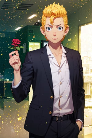 Beautiful,1boy,16k,solo,business suit,rose in hand,takemichi_hanagaki