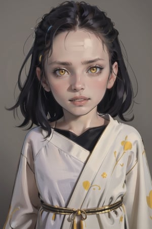 Child, girl, shirt black hair, yellow eyes, scared, black robe, portrait , grey background 