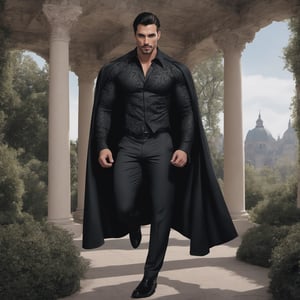 photorealistic ,style comic book, papi kocic, paul telfer,  full body ,black cape ,beefcake , ultra-attractive ,  full length attractive,having-cape, garden , forest , man, tuxedo , zoomed-out ,jet-black cape ,atmospheric , attractive ,beefcake, wide scene ,business-suit ,  scenery ,menswear ,arches ,  market fountain , walkway , photogenic , refined , cape attached with straps under his armpits ,,hunk,photogenic ,detailed, gay in love , masculine , musceld, handsome attactive , cape attached with straps under arms ,defined upturned nose , masculine nose , hispanic , both wearing a long cape, southern european caucasian , both clad in a cape , ultra attractive , male vampire , seductive, satin shirt , disconected-goatee , no deformation , no face distortion , romantic , no cape collar , cape attached with fabric , cape attached with clasp , refined, city , cape attached with button , cape attached with fabric ,