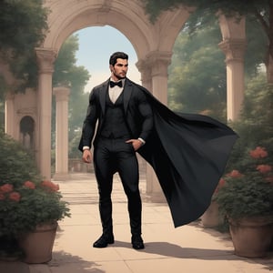 photorealistic ,style comic book, papi kocic, paul telfer, addonis_looking ,  full body ,black cape ,beefcake , ultra-attractive ,  full length attractive,having-cape, garden , forest , man, tuxedo , zoomed-out ,jet-black cape ,atmospheric , attractive ,beefcake, wide scene ,business-suit ,  scenery ,menswear ,arches ,  market fountain , walkway , photogenic , refined , cape attached with straps under his armpits ,,hunk,photogenic ,detailed, gay in love , masculine , musceld, handsome attactive , cape attached with straps under arms ,defined upturned nose , masculine nose , hispanic , both wearing a long cape, southern european caucasian , both clad in a cape , ultra attractive , male vampire , seductive, satin shirt , disconected-goatee , no deformation , no face distortion , romantic , no cape collar , cape attached with fabric , cape attached with clasp , refined, city , cape attached with button , cape attached with fabric ,