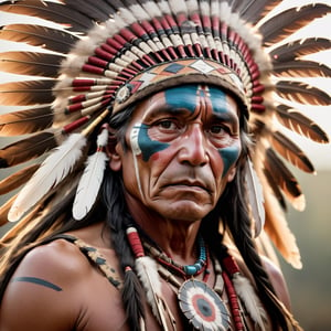 Raw photo, Documentary photography of a majestic Native American chief from the year 1860, adorned with intricate war paint across his face, gazes intently into the distance as if peering into the future BREAK
The feathers in his headdress subtly dance to an invisible ((wind)), adding to the gravity of the moment, striking facial features, cinematic lighting, volumetric lighting, shot on Fujifilm XT4, 80mm lens, Fuji color, ((expressive portrait)), national geographic photography,((medium close up shot))
