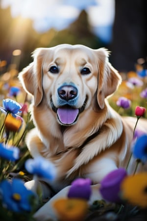 A tranquil portrait of a golden retriever lying in a field of wildflowers, its eyes full of warmth and contentment. The background is a blur of colorful blooms, with sunlight filtering through the petals. The image captures the bond between the animal and its natural environment. Shot with a shallow depth of field to keep the focus on the dog’s expression.

