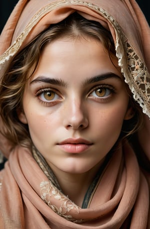 a photorealistic portrait of a stunningly beautiful woman without make-up, extremely detailed light hazel eyes, detailed symmetric realistic face, natural skin texture, extremely detailed skin with skin pores, peach fuzz, messy hair, wearing shawl over her head, masterpiece, absurdres, award winning photo by lee jeffries, nikon d850 film stock photograph, kodak portra 400 camera f1.6 lens, extremely detailed, amazing, fine detail, rich colors, hyper realistic lifelike texture, dramatic lighting, unrealengine, trending on artstation, cinestill 800 tungsten, looking at the viewer, photo realistic, RAW photo, TanvirTamim, high quality, highres, sharp focus, extremely detailed, cinematic lighting, 8k uhd
