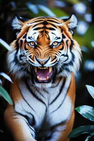 A close-up of a Bengal tiger mid-roar, its fur bristling and eyes fierce. The background is a dense jungle, with dappled light filtering through the canopy. The contrast between the tiger’s orange fur and the green foliage is stark, creating a powerful and dynamic image. Shot with a telephoto lens, capturing every whisker in detail.