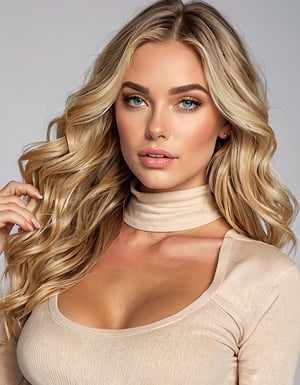 Generate hyper realistic image of a woman with long, voluminous, and slightly wavy blonde hair that cascades down. Her eyes are large and captivating, highlighted with subtle makeup. She has a slight blush on her cheeks and nude-colored lips, giving her a natural and elegant look. She is wearing a beige, long-sleeve crop top with a high neckline. The top is tight-fitting and has a cut-out just above her chest and high-waisted, dark blue jeans with rips on the thighs and knees.,photo r3al