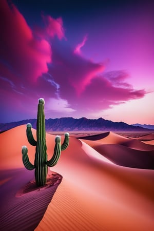 A panoramic landscape of a desert at dusk, with towering sand dunes and a sky painted in deep purples and reds. The foreground features a lone cactus, silhouetted against the vibrant sky. The scene is bathed in the last rays of sunlight, creating a sense of solitude and timeless beauty. Captured using HDR techniques to enhance the color depth.


