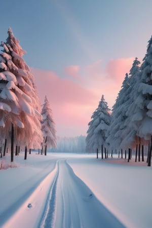 A peaceful landscape of a snowy forest at dawn, the trees heavy with fresh snow. The sky is a pale blue, with the first light of the day just peeking over the horizon. The scene is quiet and serene, with the only color being the soft pink of the early morning light. Shot with a large format camera for maximum detail in the snow’s texture.




